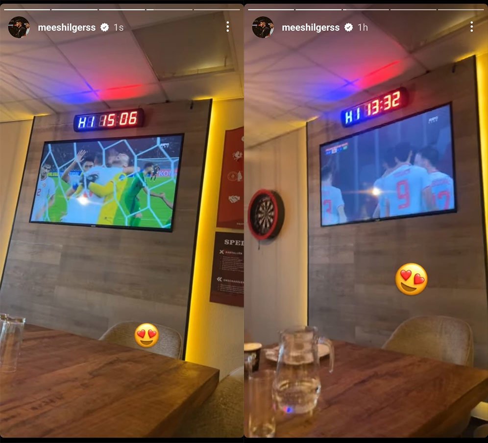 Tangkapan layar instastory Mees Hilgers sedang menonton pertandingan Indonesia vs Arab Saudi. (c) instagram/meeshilgerss