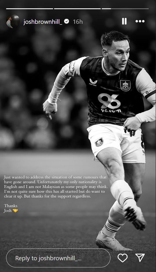 Tangkapan layar Instagram Story gelandang Burnley, Josh Brownhill. (c) Instagram/@joshbrownhill_