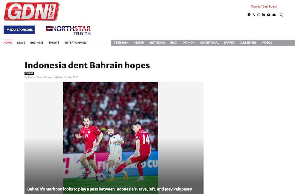 Berita kekalahan Bahrain dari Indonesia di media gdnonline.com (c) Bola