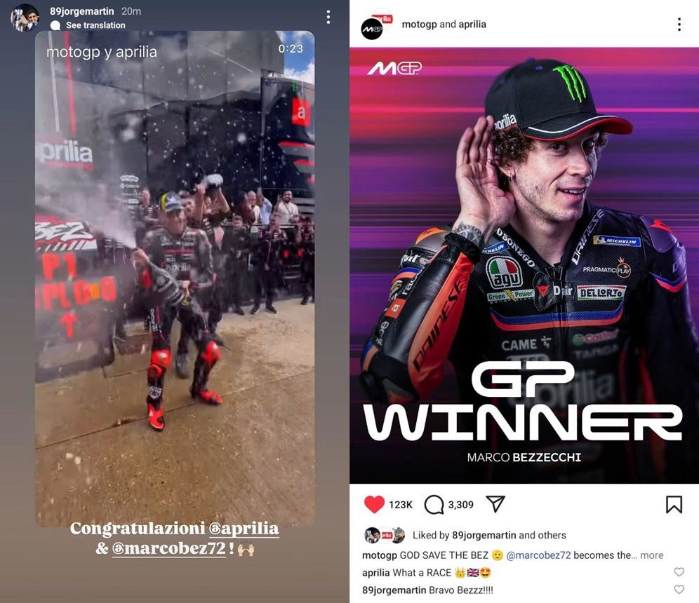 Jorge Martin mengucapkan selamat kepada Aprilia Racing dan Marco Bezzecchi atas kemenangan di MotoGP Inggris 2025. (c) Instagram/89JorgeMartin, MotoGP