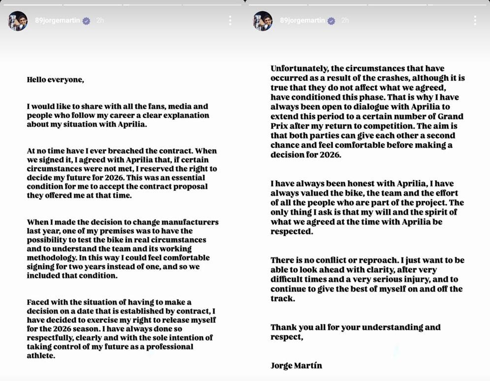 Pernyataan resmi Jorge Martin mengenai keinginannya hengkang dari Aprilia Racing di MotoGP 2026. (c) Instagram/89JorgeMartin