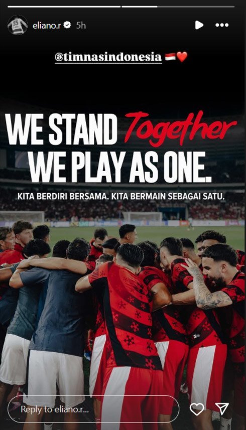 Unggahan stories Eliano untuk dukung Timnas Indonesia. (c) instagram/eliano.r