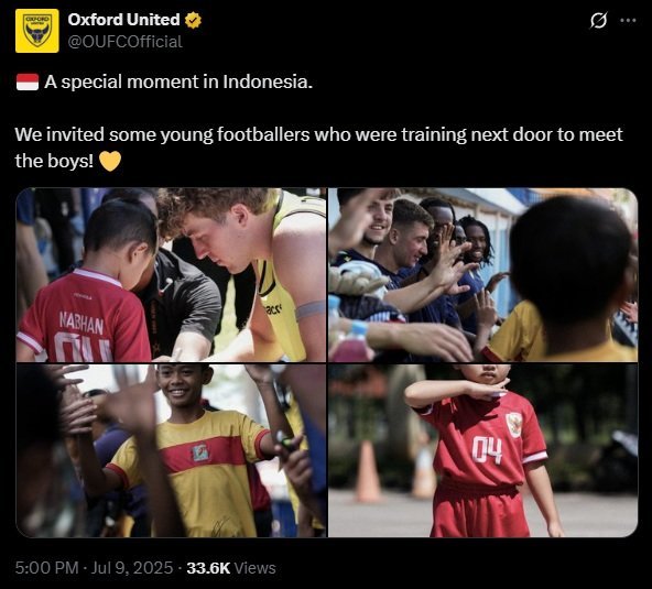 Unggahan Oxford United di X terkait interaksi bersama talenta muda Indonesia SSB Arcamanik Bandung (c) Official Twitter Oxford United