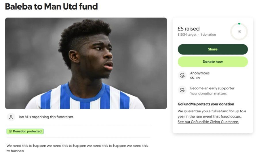 Fans Manchester United menggalang dana untuk merekrut Carlos Baleba. (c) GoFundMe