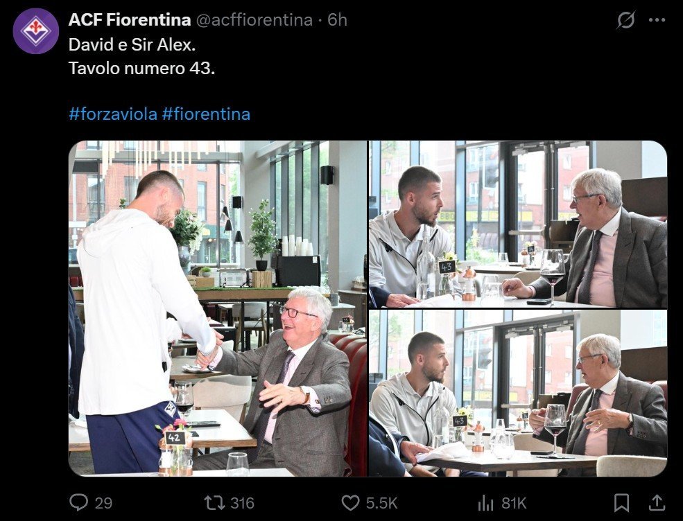 Momen reuni Sir Alex Ferguson dan David De Gea (c) Official X Fiorentina