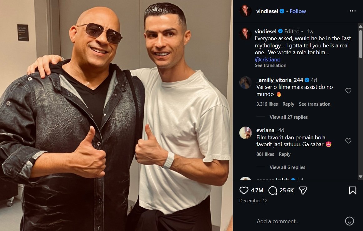 Vin Diesel, bintang utama Fast Furious Saga membagikan foto bersama Cristiano Ronaldo (c) instagram.com/vindiesel
