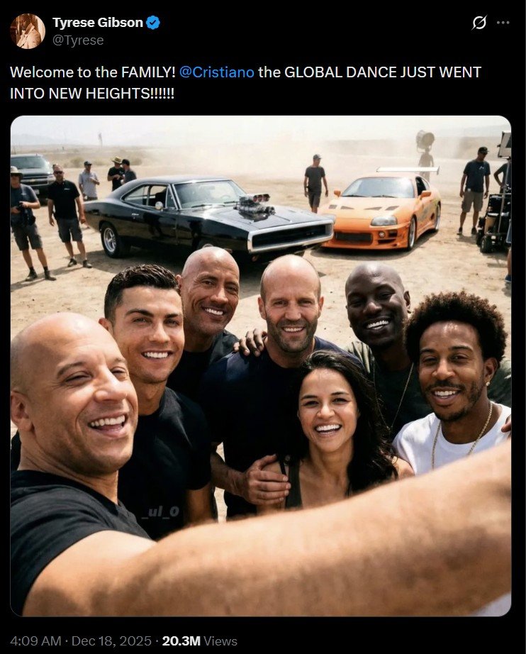 Tyrese Gibson membagikan foto set syuting Fast Furious Saga bersama Cristiano Ronaldo (c) x.com/Tyrese