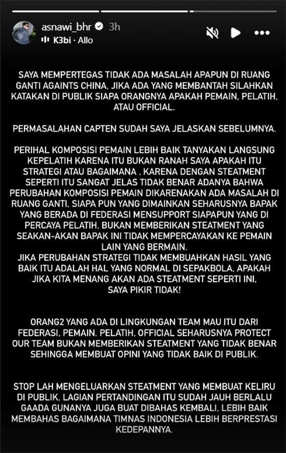 Tangkapan layar dari stories Asnawi Mangkualam Bahar, 12 Desember 2025, pukul 17.00 WIB. (c) instagram/asnawi_bhr