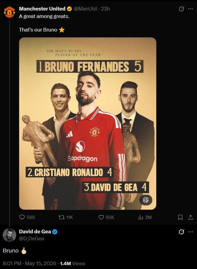 Tangkapan layar terkait tnggapan David De Gea untuk rekor Bruno Fernandes (c) Bola/X