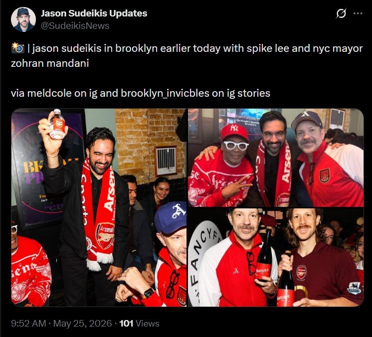 Koleksi foto perayaan juara Arsenal di Brooklyn yang dihadiri aktor Ted Lasso dan Wali Kota New York (c) X @SudeikisNews