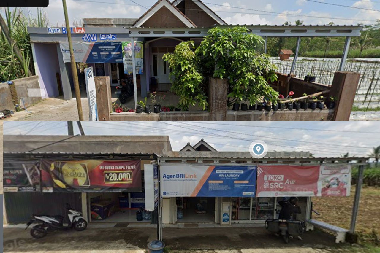 Perkembangan Agen BRI Link AW Laundry dari September 2021 (atas) dan Februari 2025 (bawah) (c) Google Maps
