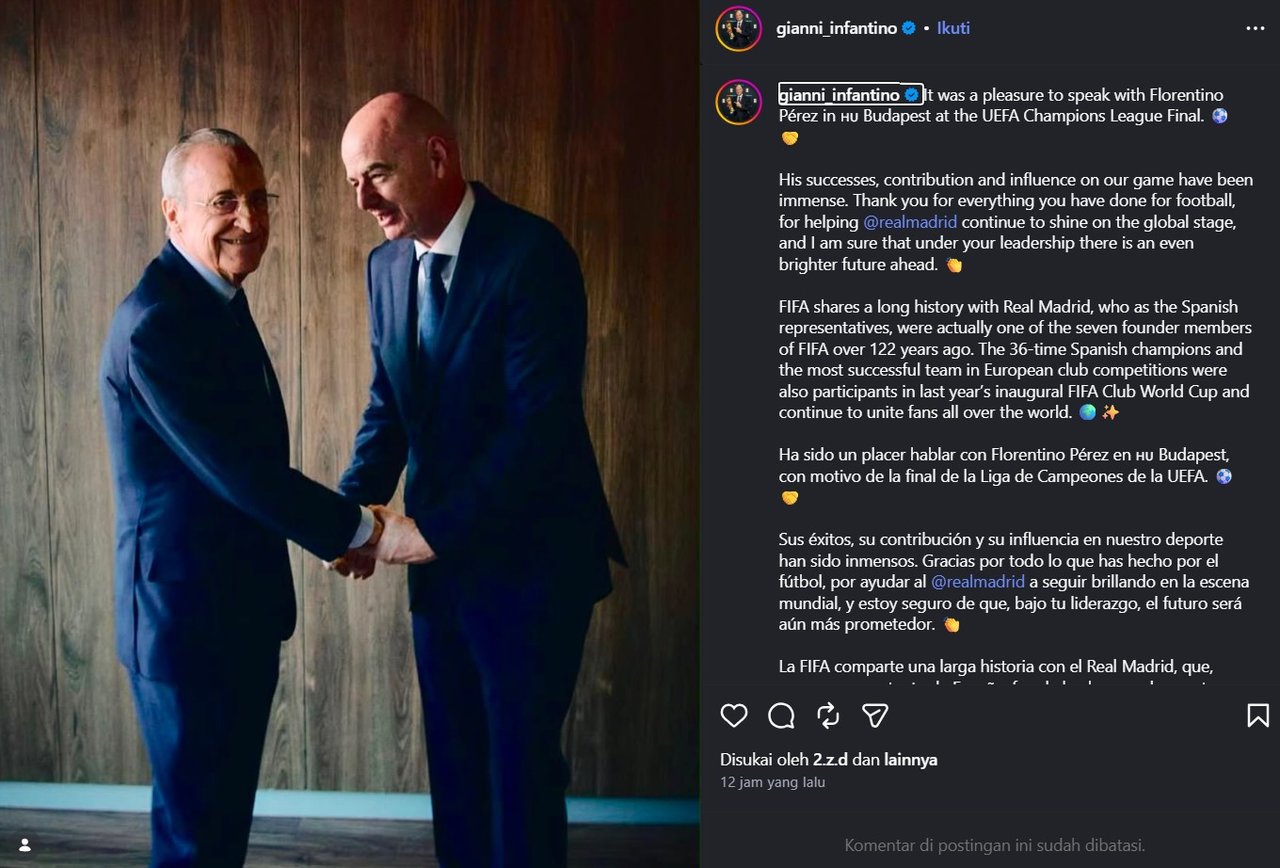 Unggahan Instagram presiden FIFA, Gianni Infantino soal dukungan terhadap Florentino Perez (c) instagram.com/gianni_infantino