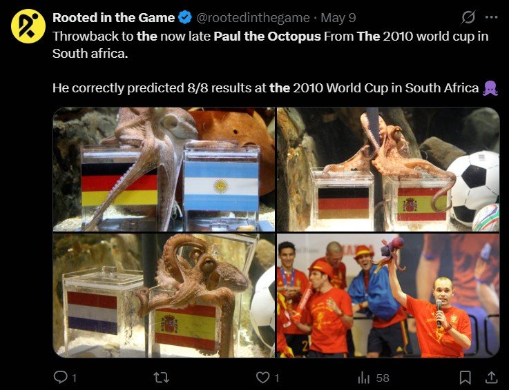 Tangkapan layar unggahan official X @rootedinthegame soal Paul The Octopus (c) Bola/X