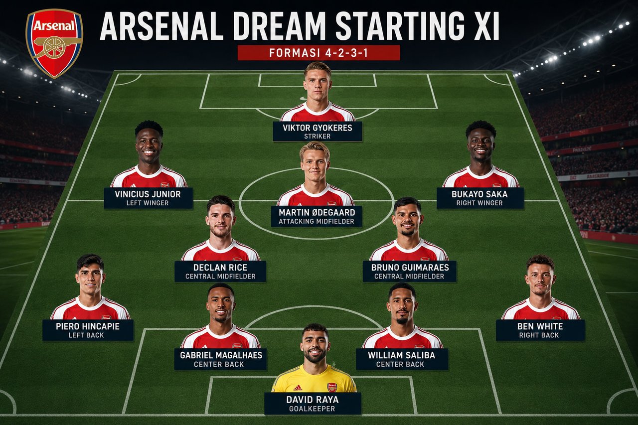 Starting XI impian Arsenal dengan Vinicius Junior dan Bruno Guimaraes (c) AI/ChatGPT