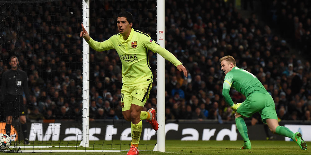 Luis Suarez, memborong dua gol ke gawang City di leg pertama (c) AFP