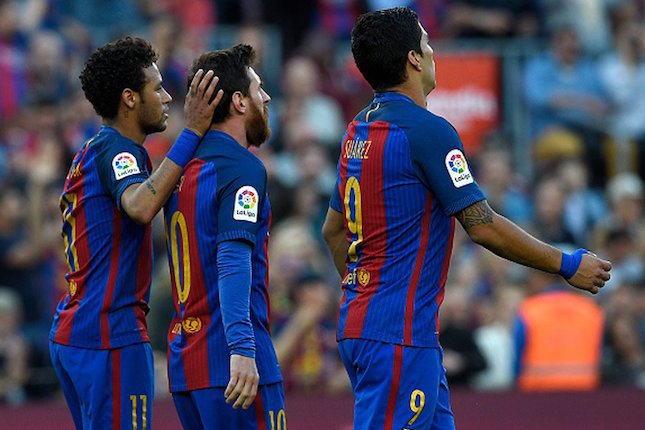 Neymar, Lionel Messi dan Luis Suarez di Barcelona (c) AFP