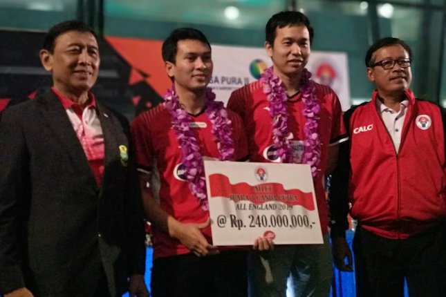Mohammad Ahsan dan Hendra Setiawan disambut Kemenpora dan PBSI (c) Fitri Apriani