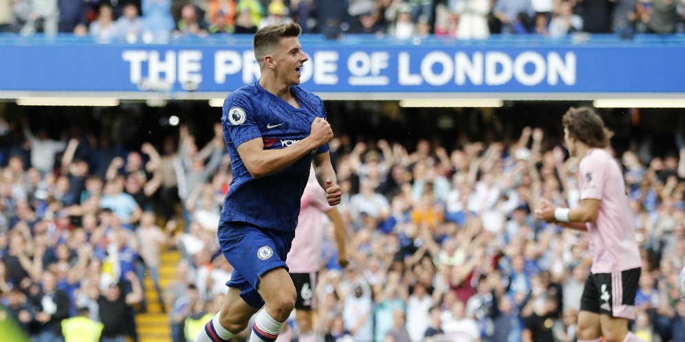 Mason Mount rayakan golnya ke gawang Leicester City. (c) AP Photo