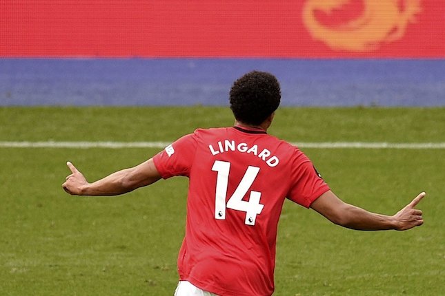 Jesse Lingard usai mencetak gol ke gawang Leicester City di pekan ke-38 Premier League 2019/2020 (c) AP Photo