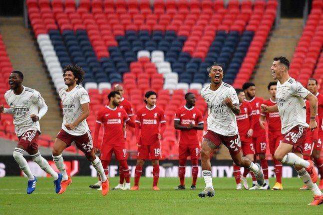 Momen ketika Arsenal memastikan kemenangan atas Liverpool di Community Shield 2020. (c) AP Photo