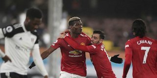 Paul Pogba jadi pahlawan kemenangan Manchester United di kandang Fulham, Kamis (21/1/2021) (c) Pool Reuters via AP Photo