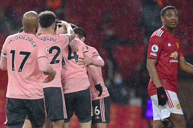 Skuat Sheffield United merayakan gol ke gawang Manchester United (c) AP Photo