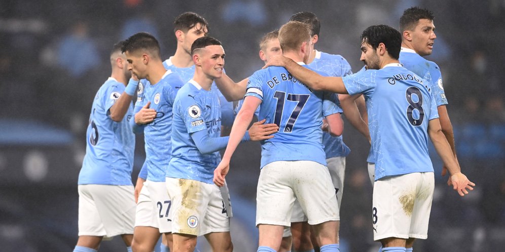 Skuad Manchester City merayakan gol ke gawang Brighton, Premier League 2020/21 (c) AP Photo