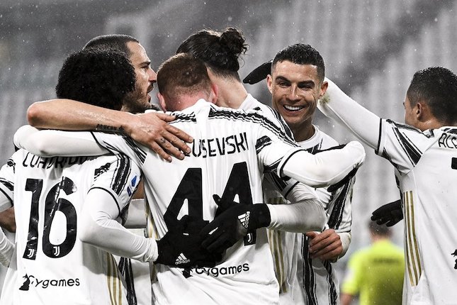 Juventus merayakan kemenangan atas AS Roma pada pekan ke-21 Serie A musim 2020/2021 (c) AP Photo