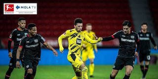 Aksi andalan Borussia Dortmund, Jadon Sancho saat melawan Bayer Leverkusen, 19 Januari 2021 dalam lanjutan Bundesliga 2020-21. (c) Lukas Schulze/Bundesliga