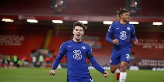 Selebrasi Mason Mount usai menjebol gawang Liverpool, Premier League 2020/21. (c) AP Photo