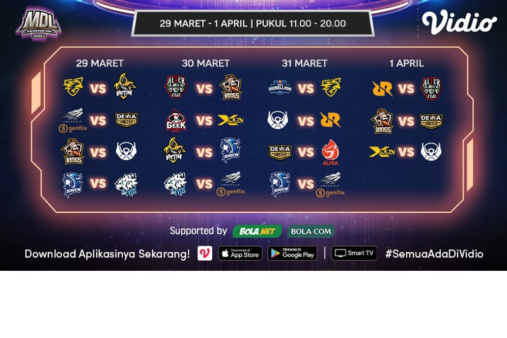 Jadwal MDL ID Season 3 Pekan Kelima di Vidio: Persaingan Sengit EVOS Icon dan SIREN Esports Jadwal MDL ID Season 3 Pekan Kelima di Vidio: Persaingan Sengit EVOS Icon dan SIREN Esports