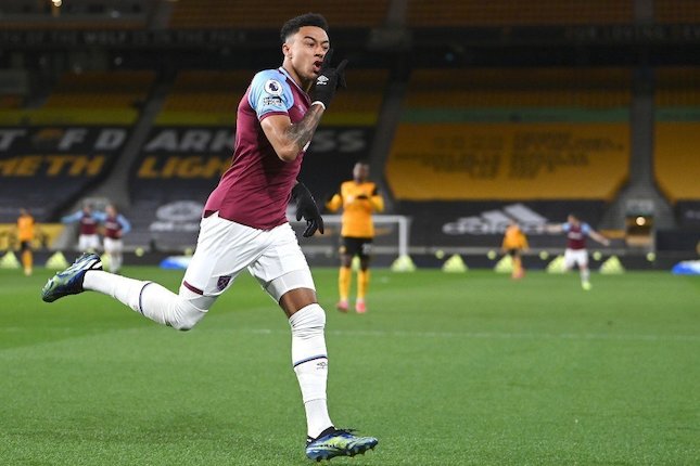 Selebrasi Jesse Lingard usai membobol gawang Wolves, Selasa (6/4/2021) (c) Pool Getty via AP Photo