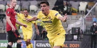Penyerang Villarreal, Gerard Moreno, usai mencetak gol ke gawang Manchester United di final Liga Europa (c) AP Photo
