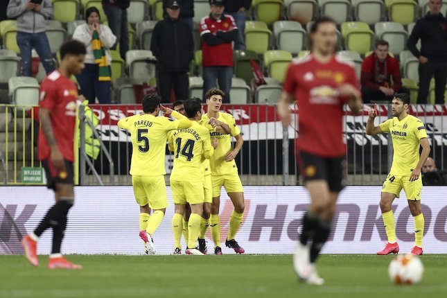 Para pemain Villarreal merayakan gol Gerard Moreno ke gawang Manchester United di final Liga Europa 2020-21, Kamis (27/05/2021) dini hari WIB. (c) Pool Getty via AP Photo