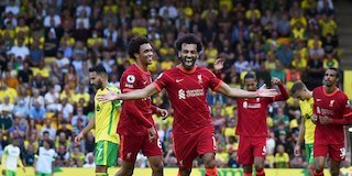 Ekspresi Mohamed Salah usai menjebol gawang lawan, Norwich vs Liverpool, Premier League 2021/22 (c) AP Photo