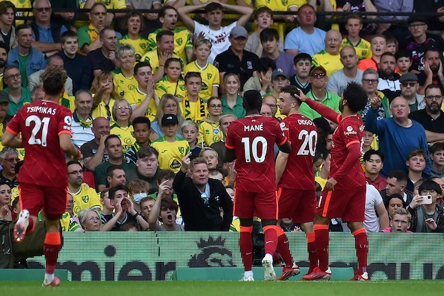 Skuad Liverpool merayakan gol Diogo Jota ke gawang Norwich City (c) AP Photo