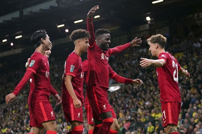 Pemain Liverpool merayakan gol ke gawang Norwich City di babak ketiga Carabao Cup (c) AP Photo