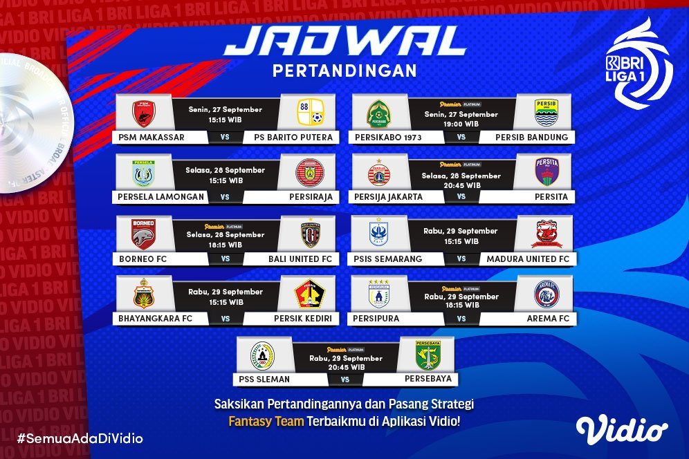 Link Live Streaming BRI Liga 1 Pekan Kelima di Vidio, 27-29 September 2021