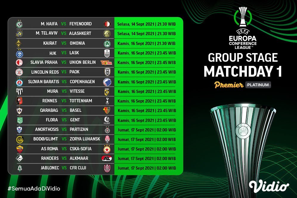 Jadwal Live Streaming UEFA Conference League 2021/2022 Pekan Ini di Vidio, 14-17 September 2021 Jadwal Live Streaming UEFA Conference League 2021/2022 Pekan Ini di Vidio, 14-17 September 2021