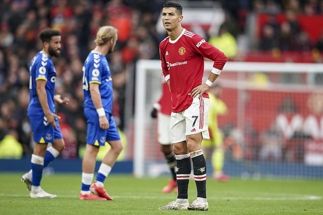 Penyerang Manchester United, Cristiano Ronaldo, dalam laga lanjutan Premier League kontra Everton hari Sabtu (3/10/2021). (c) AP Photo