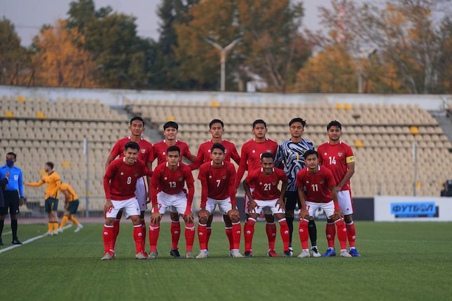 Timnas Indonesia U-23 di laga kedua Grup G Kualifikasi Piala Asia U-23 di Republican Central Stadium, Dunshabe, Tajikistan, Jumat (29/10/2021) malam WIB. (c) Dok. PSSI