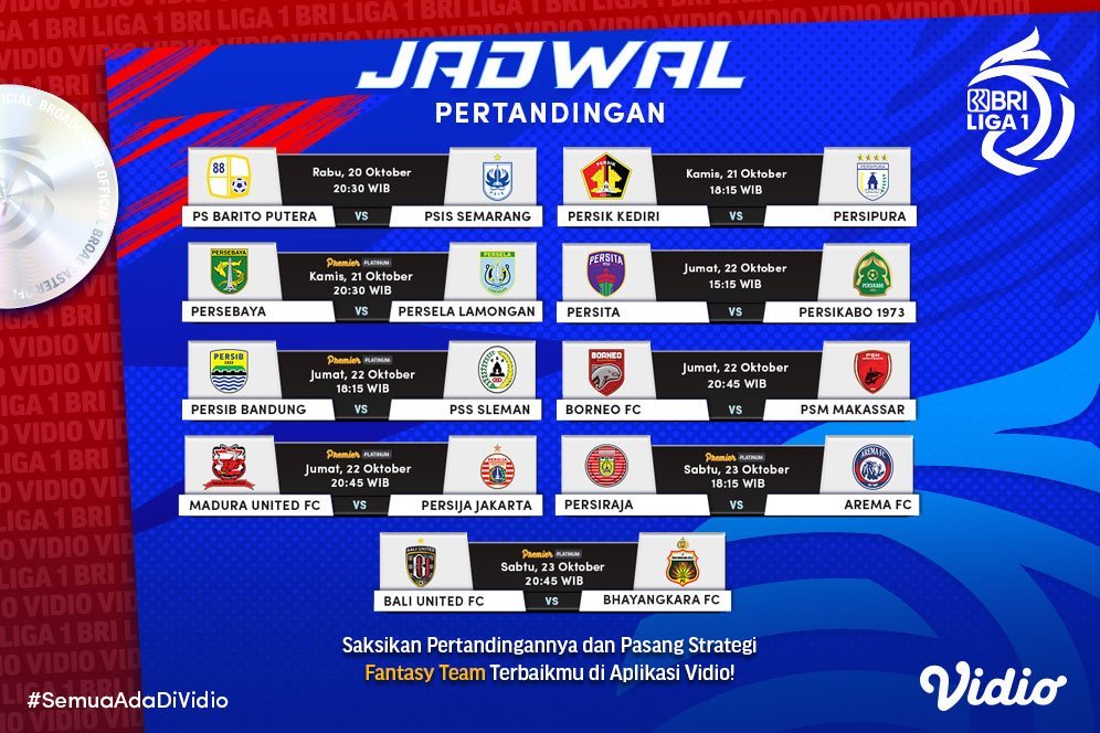 Jadwal dan Live Streaming BRI Liga 1 2021/2022 Pekan 8 di Vidio, 20-23 Oktober 2021