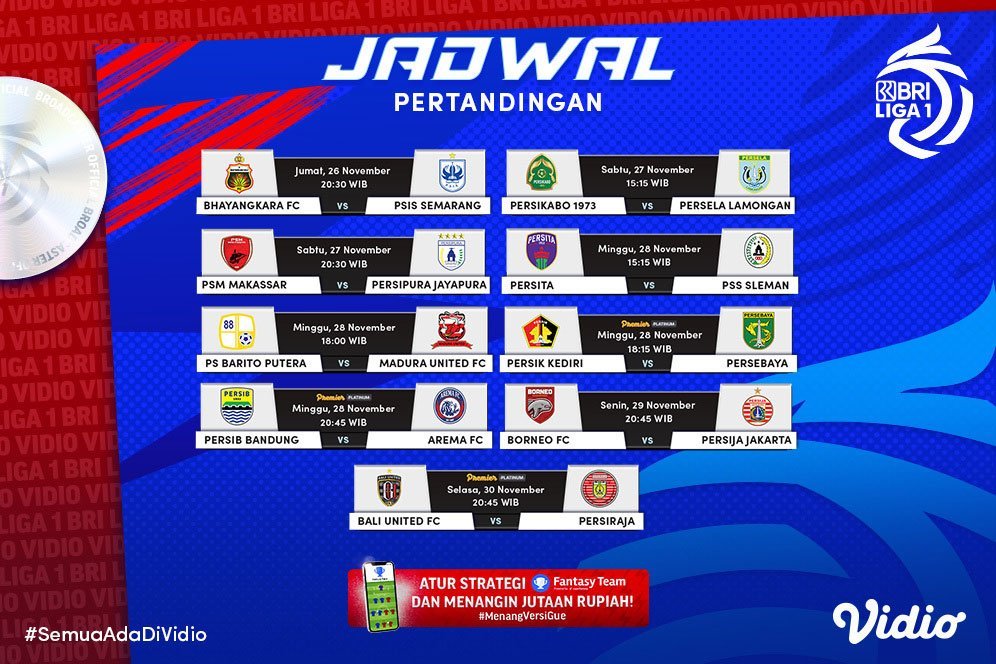 Link Live Streaming Pekan Ke-14 BRI Liga 1 2021/2022 di Vidio, 26-30 November 2021