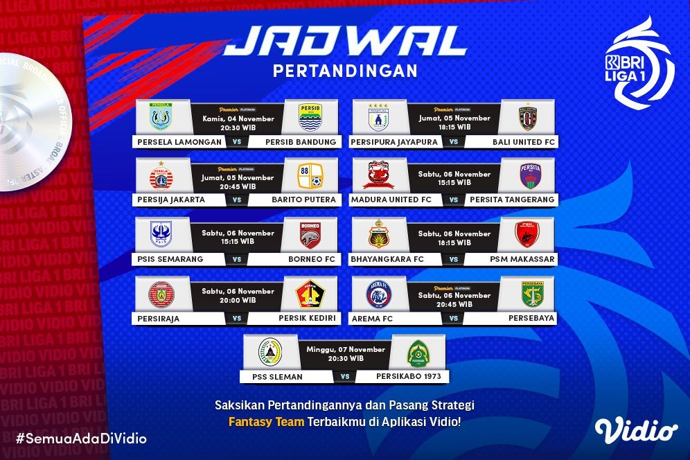 Jadwal dan Live Streaming BRI Liga 1 2021/2022 Pekan Ke-11 di Vidio, 4-7 November 2021