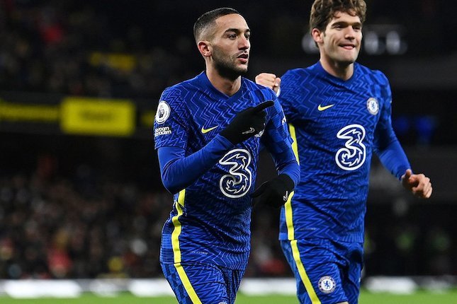 Selebrasi Hakim Ziyech usai mencetak gol di laga Watford vs Chelsea, Premier League 2021/22 (c) Chelsea