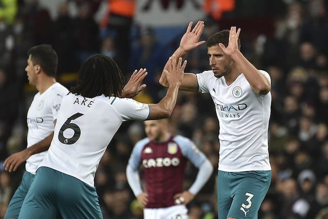 Pemain Manchester City, Ruben Dias, merayakan golnya ke gawang Aston Villa dalam laga lanjutan Premier League hari Kamis (2/12/2021). (c) AP Photo