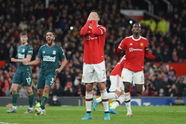 Ekspresi Cristiano Ronaldo usai gagal mencetak gol dari titik penalti dalam laga Manchester United vs Middlesbrough, Sabtu (5/2/2022) (c) AP Photo