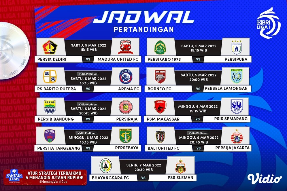 Jadwal dan Live Streaming BRI Liga 1 2021/2022 Pekan ke-28 di Vidio