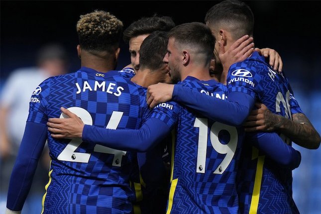 Skuat Chelsea merayakan gol Kai Havertz ke gawang Watford, Minggu (22/5/2022) (c) AP Photo