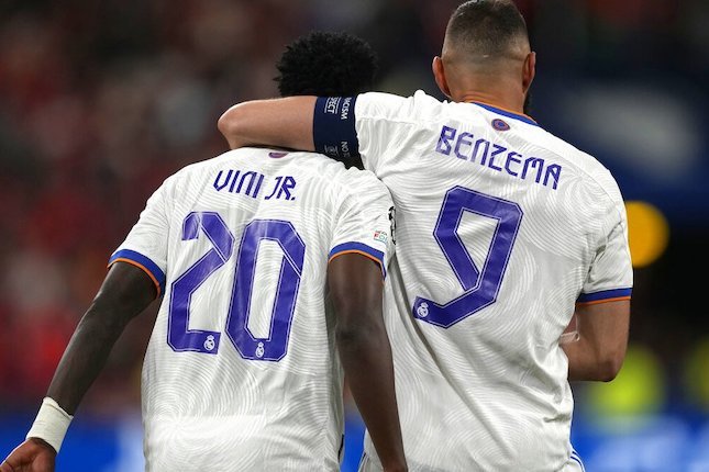 Final Liga Champions 2022 Liverpool vs Real Madrid: Vinicius Junior dan Karim Benzema (c) AP Photo